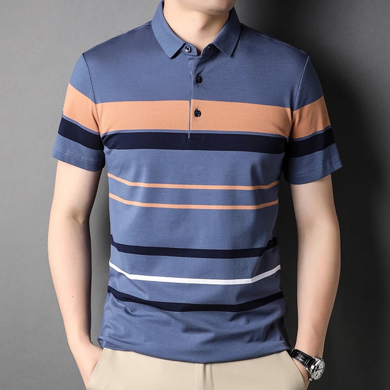 

Футболка мужская хлопковая с отложным воротником, брендовая Классическая рубашка в полоску, Повседневная Уличная одежда с коротким рукавом, лето 2022