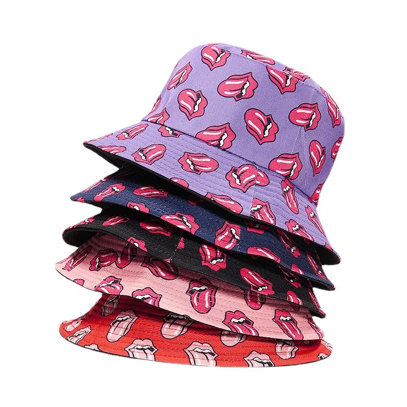 

Vintage Tongue print Cotton Bucket Hat Fisherman Cap Women's Cotton Punk Style Patchwork Hip Hop Hat Men Sexy tongue print hat