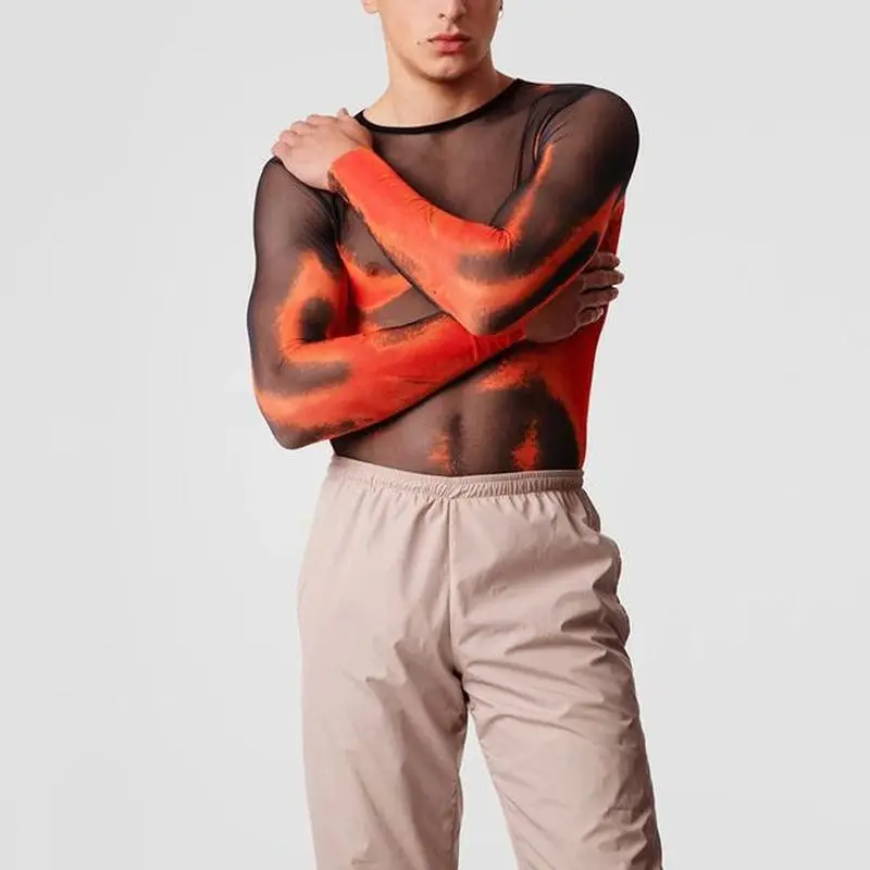 

Hot Chic Men Transparent Mesh Slim Tight T-shirt Long Sleeve Gradient Colorfull Gay New Top Sexy Male Cute Clothing