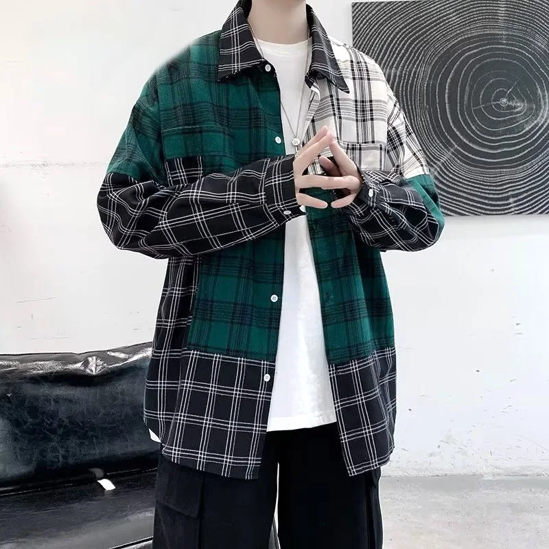 Lattice Printing Spliced Shirts Turn-down Collar Casual Four Seasons Men's Clothing Single Breasted Pockets Decorate Tops Trend