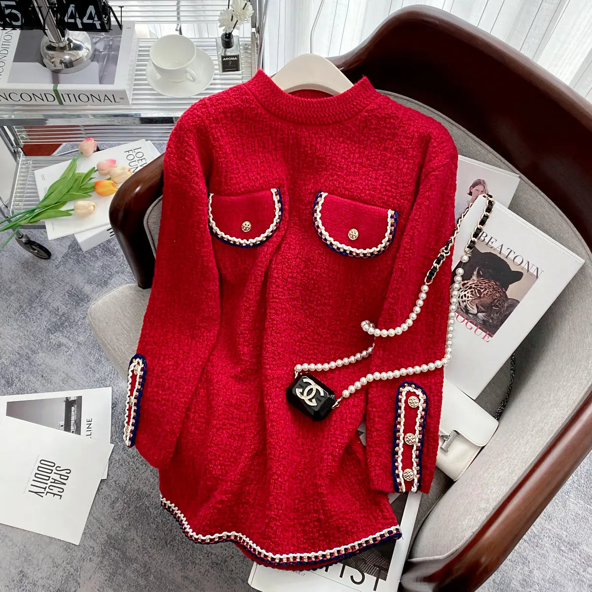 

Red Medium Length Oversized Sweater Women Pullover 2023 Autumn Winter O-Neck Long Sleeve Sweaters Jumper Pull Femme Sueter Mujer