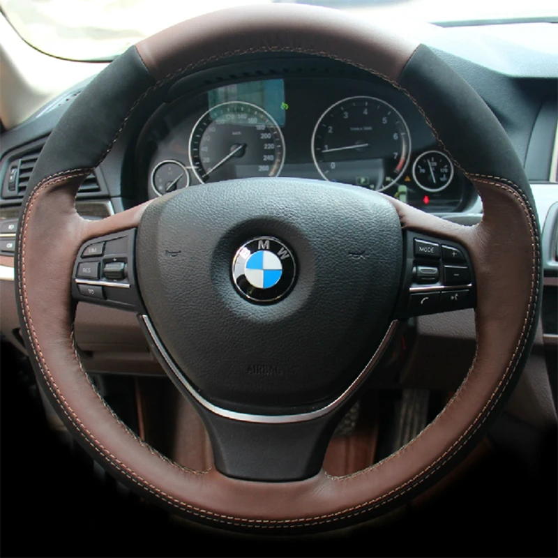 

Custom Car Steering Wheel Braid Cover Suede Genuine Leather 100% Fit For BMW F10 2014 520i 528i 730Li 740Li 750Li Steering Wrap
