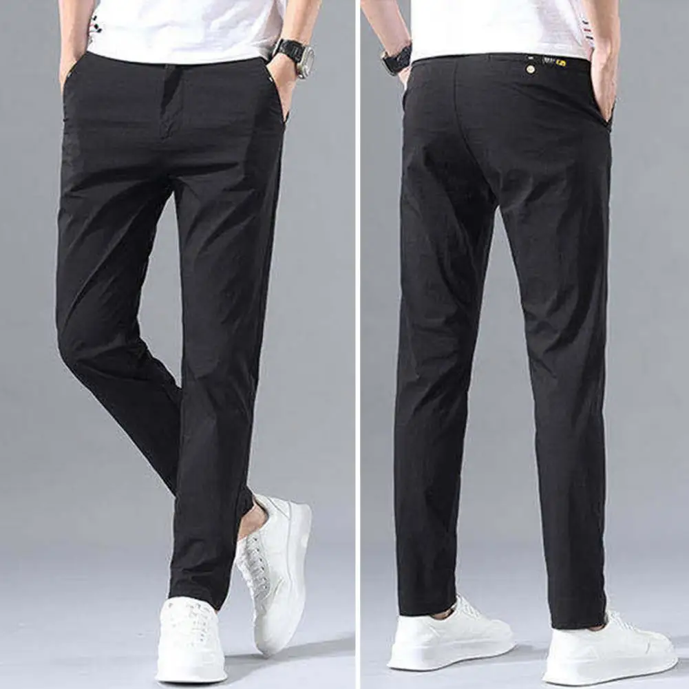 

Long Pants Trendy Pure Color Straight Trousers Elastic Waist Pockets Men Trousers