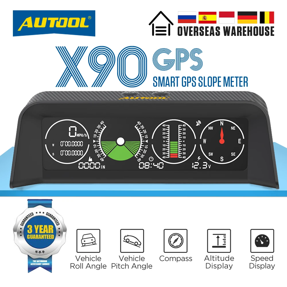AUTOOL X90 GPS HUD ความเร็วรถ Slope เมตร Inclinometer Auto 12V ทั่วไป Head-Up จอแสดงผลเอียง Pitch มุม Latitude