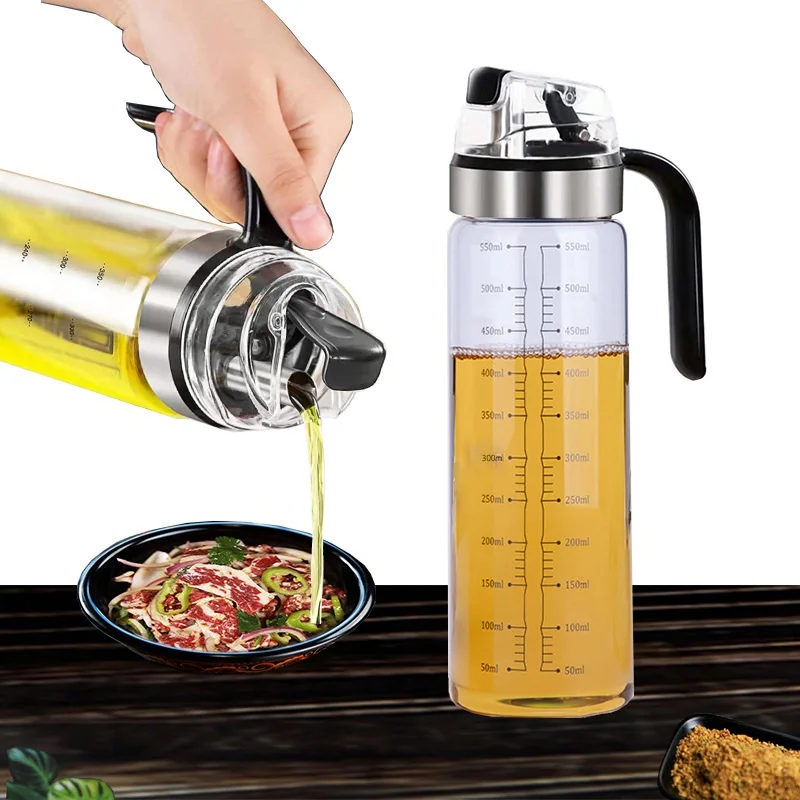 

Olive Oil Dispenser Bottle Auto Flip Condiment Container Scale Mark Lead-Free Borosilicate Glass Kitchen Multifunction Cruet