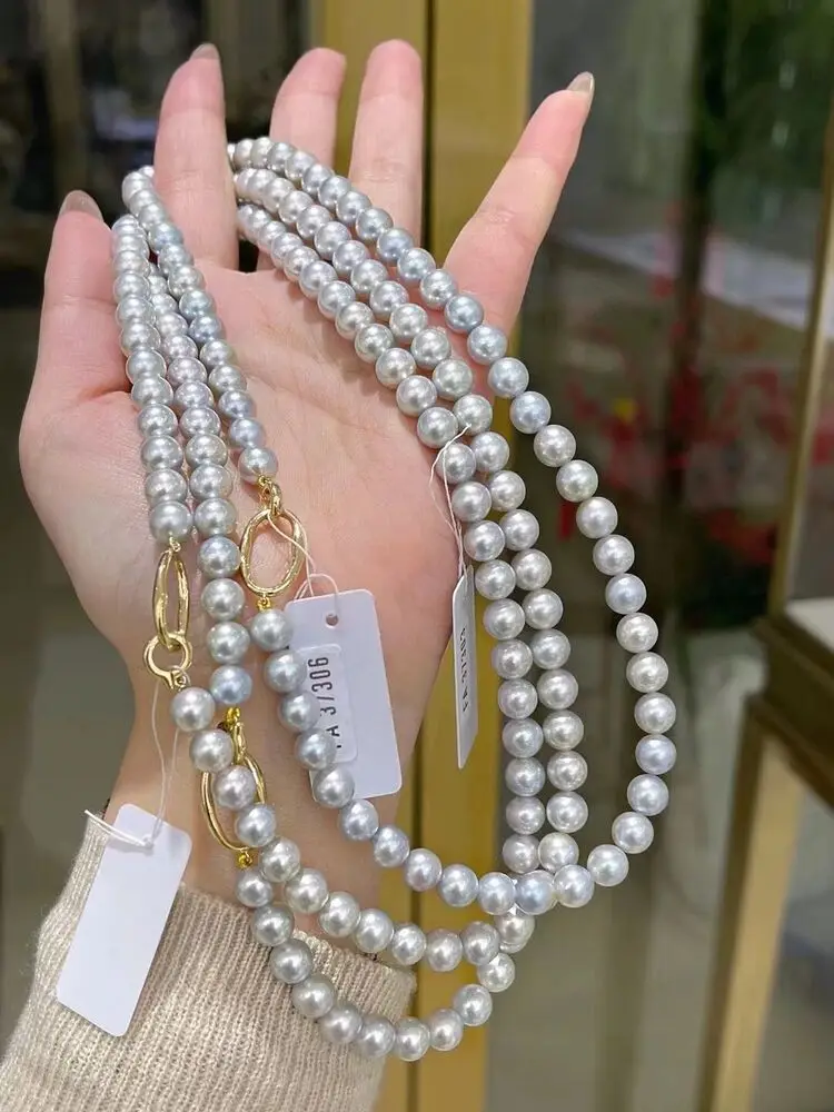 AAA 7-7 5 мм натуральное круглое Ожерелье akoya с серым жемчугом Серебряные ювелирные