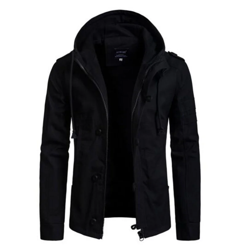 Мужской Тактический тренчкот с капюшоном черный повседневный большого размера