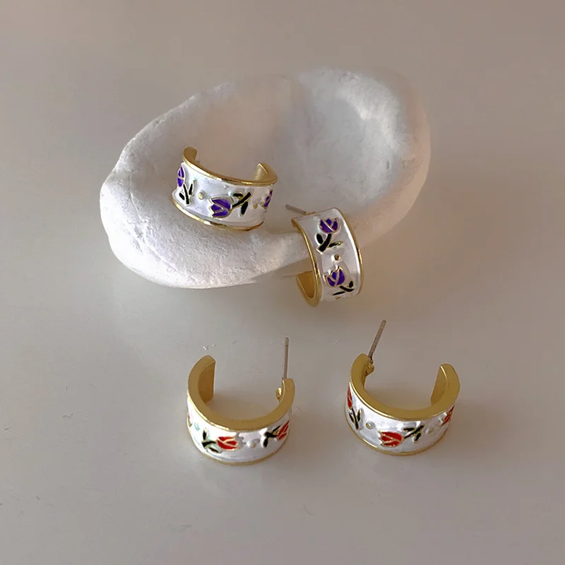 

Minar Wholesale Red Purple Color Enamel Tulip Hoop Earrings for Women Femme Gold Color Metal Twist Chunky Earring Party Jewelry