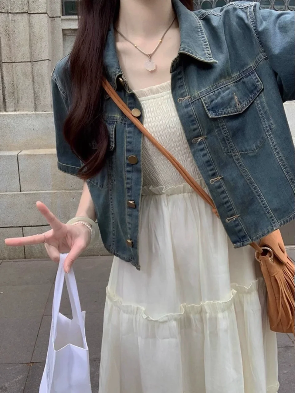 Rouje Bgmok джинсовое пальто с короткими рукавами и французским рукавом женская