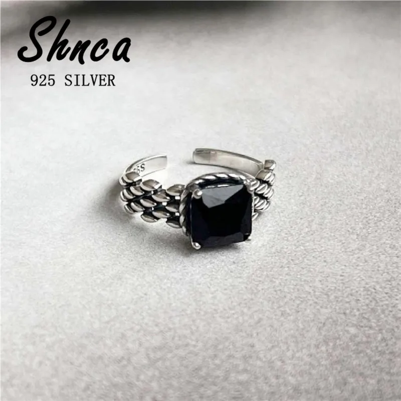 Vintage Simple Fashion New Arrival 925 Sterling Silver Obsidian Open Rings Women Girl Sterling-Silver-Jewelry Anti-Allergy LR211