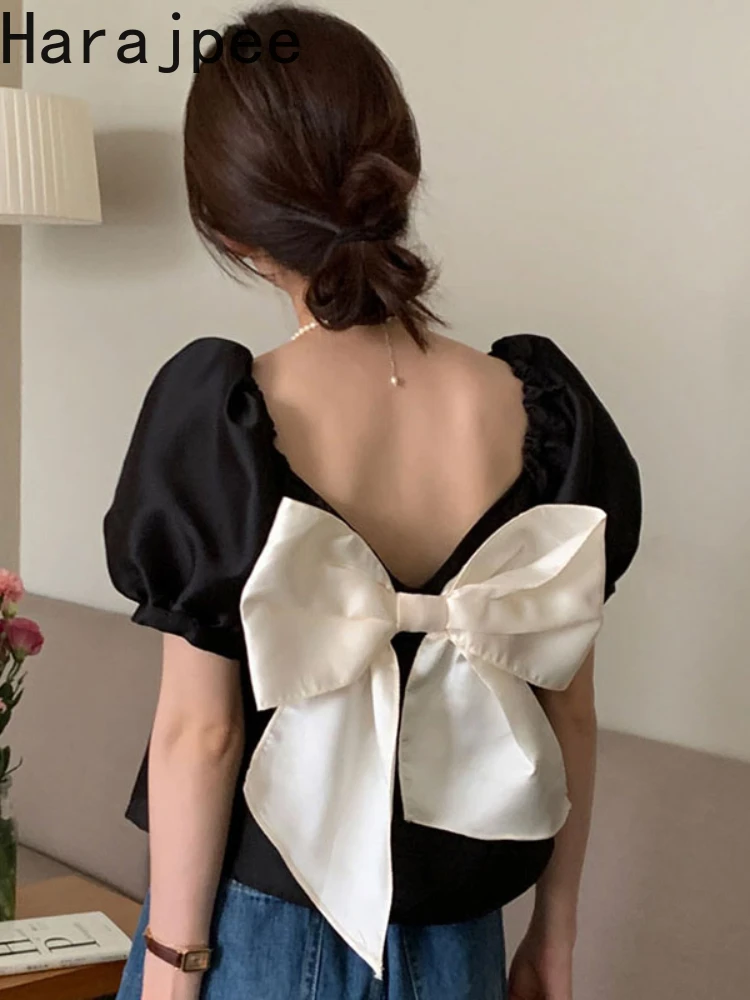 

Harajpee Sweet Bowknot Square Collar Shirt Puff Sleeve Summer New Short Tops French Style Vintage Women Pullover Korean Chic