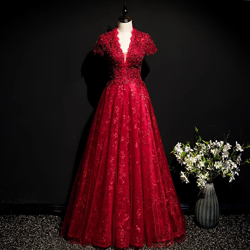 

Woman Evening Dress Short Sleeves Empire Sequins Beading Elegant V-Neck Floor-Length Sexy Backless New Party Formal Dresses