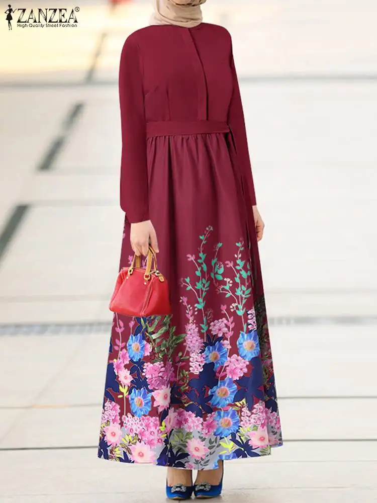 

Women Turkey Abaya Hijab Dress ZANZEA Muslim Dress Fashion Floral Printed Long Sleeve Jilbab Islamic Clothing Ramadan Sundress