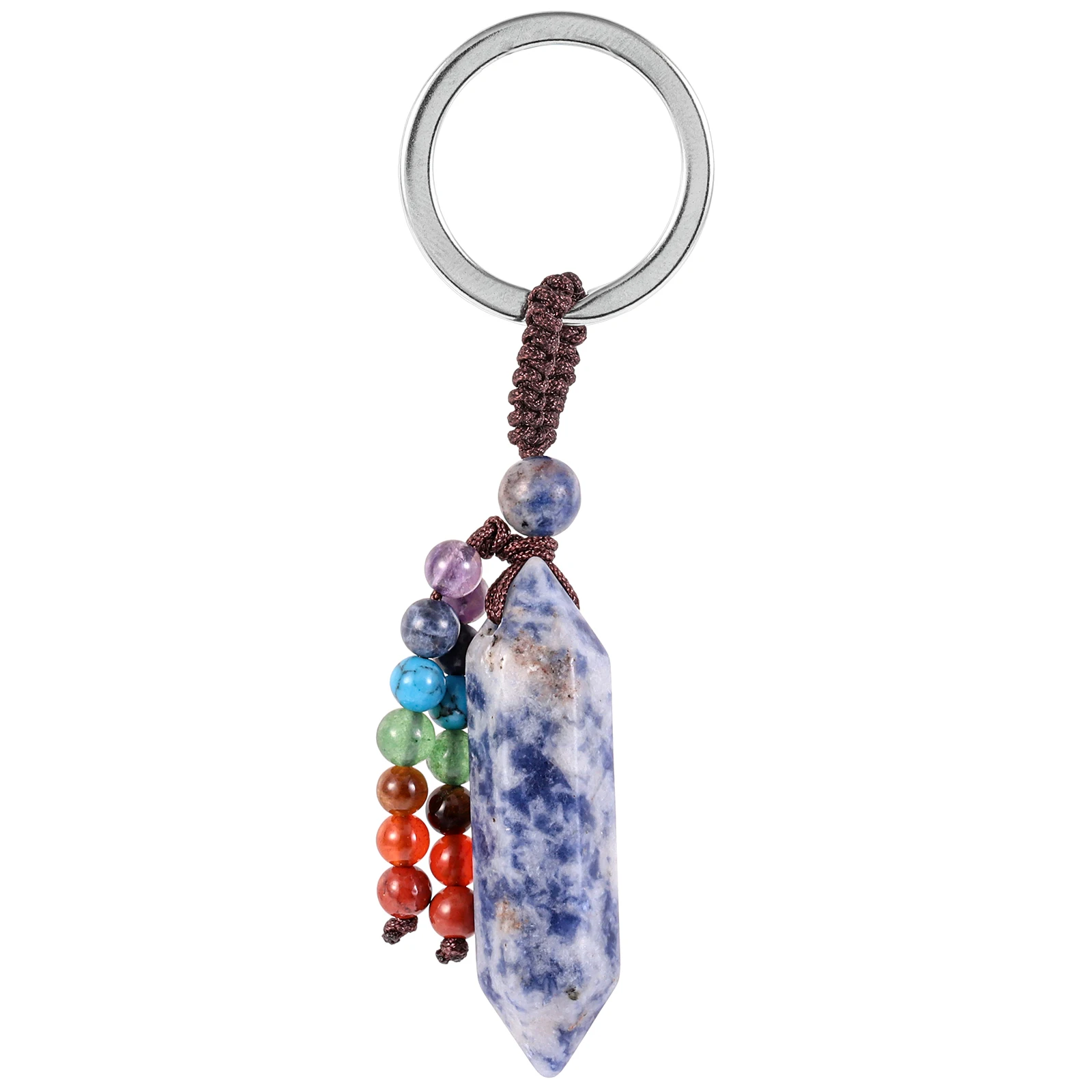 

Natural Crystal Hexagonal Point Wand Keychains Healing 7 Chakra Stone Beads Pendant Metal Keyring Lanyards Jewelry Accessories