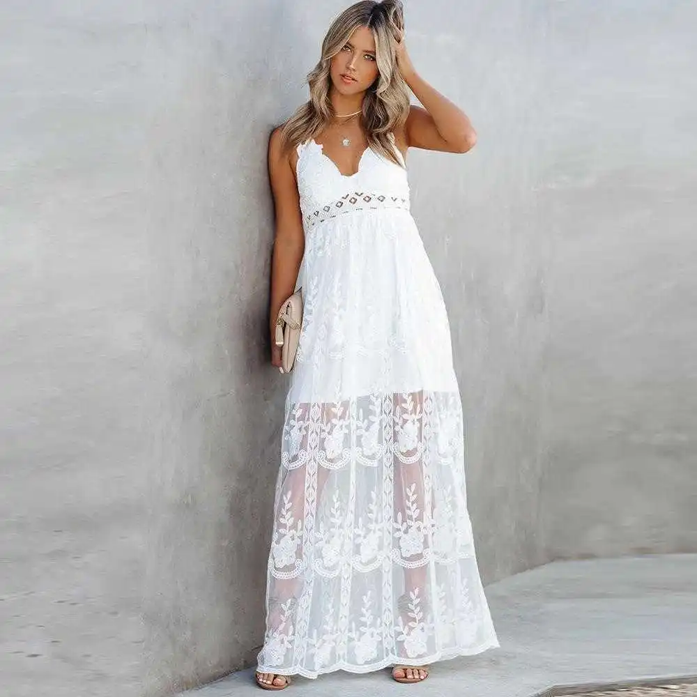 

Solid Color Waist Tight Figure Flattering Lace Dress Hollow Out V Neck Sleeveless Long Pullover For Women