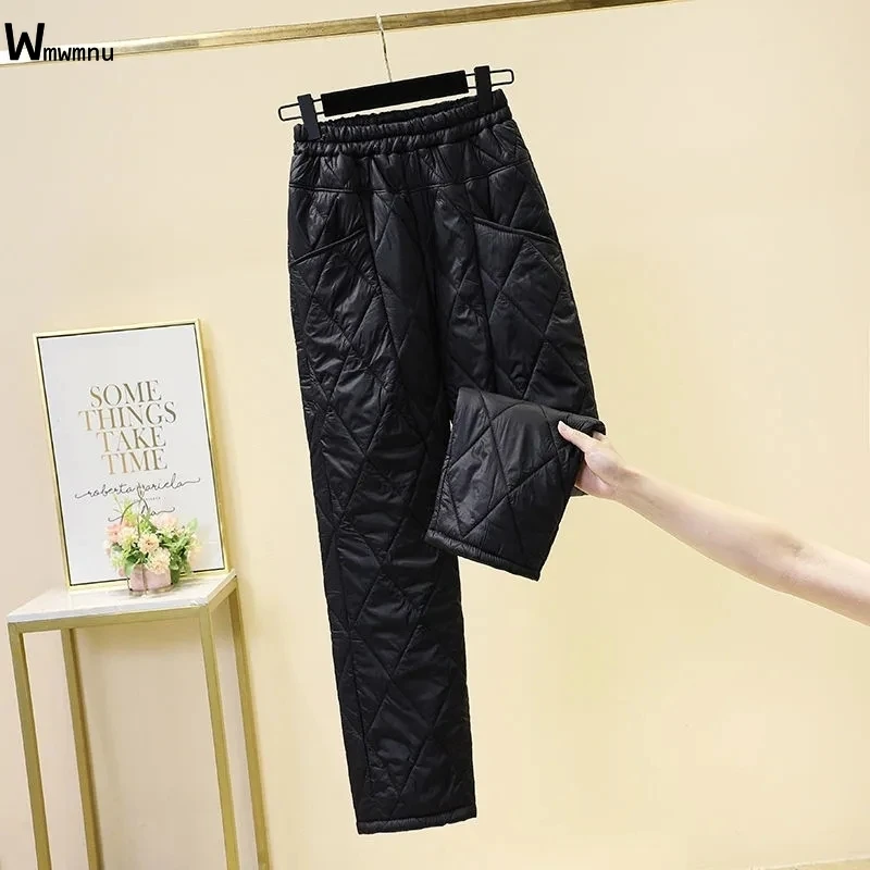 

Thick Solid Color Argyle Elastic High Waist Warm Pant Mom's Snow Wear Baggy Pantalones Mujer New Winter Down Cotton Pants Women