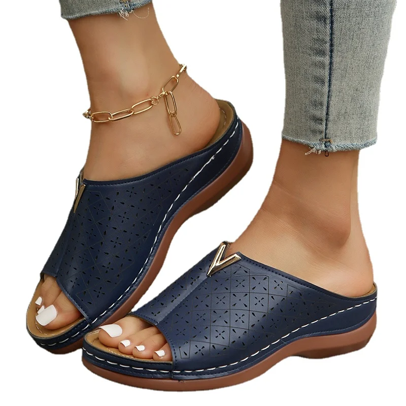 Women Shoes 2023 Fashion Slingbacks Women's Slippers Summer Round Toe New Metal Decoration Solid  Casual Slippers Ladies Zapatos