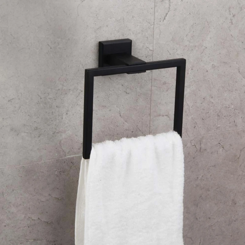 

Black Square Towel Ring Wall Mounted Towel Holder Stainless Steel Modern Towel Hanger for Bathroom Kitchen Save Space