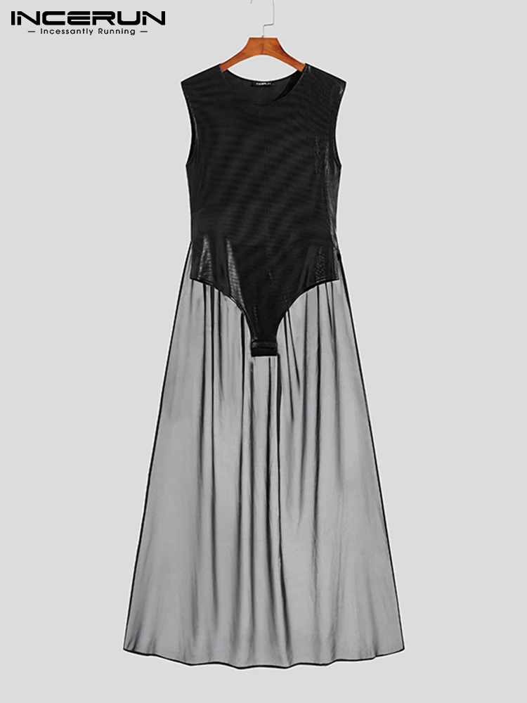 Stylish Men Homewear Glossy Check Coated Jumpsuit Fashion Male Back Hem Panel Comfortable Mesh Triangle Bodysuits S-5XL INCERUN