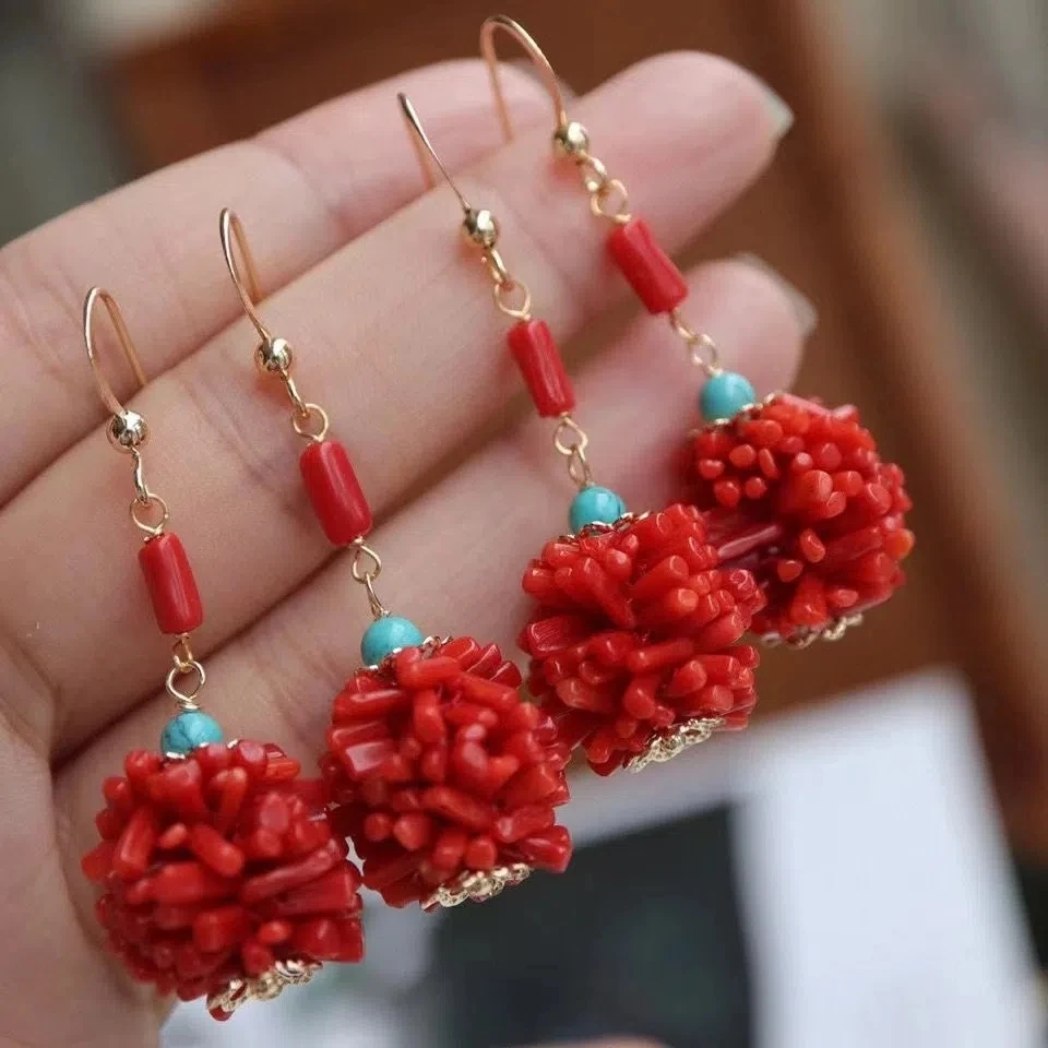 Natural Red Coral Arca Eardrop Original Braided Earhook Earhook Personalized Fashion Women's Accessories Eardrop Accessories