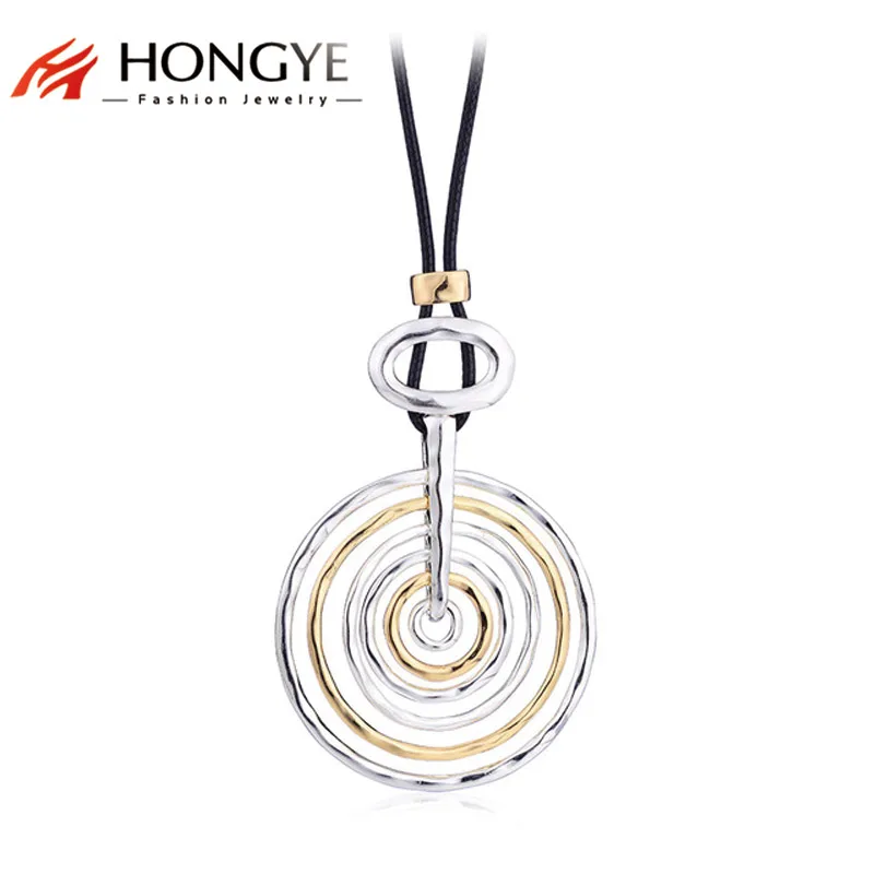 

HONGYE Fashion Charms Jewelry Long Pu Leather 2 Color Mixed Multi-Circle Pendant 2023 Ladies Collar Largo