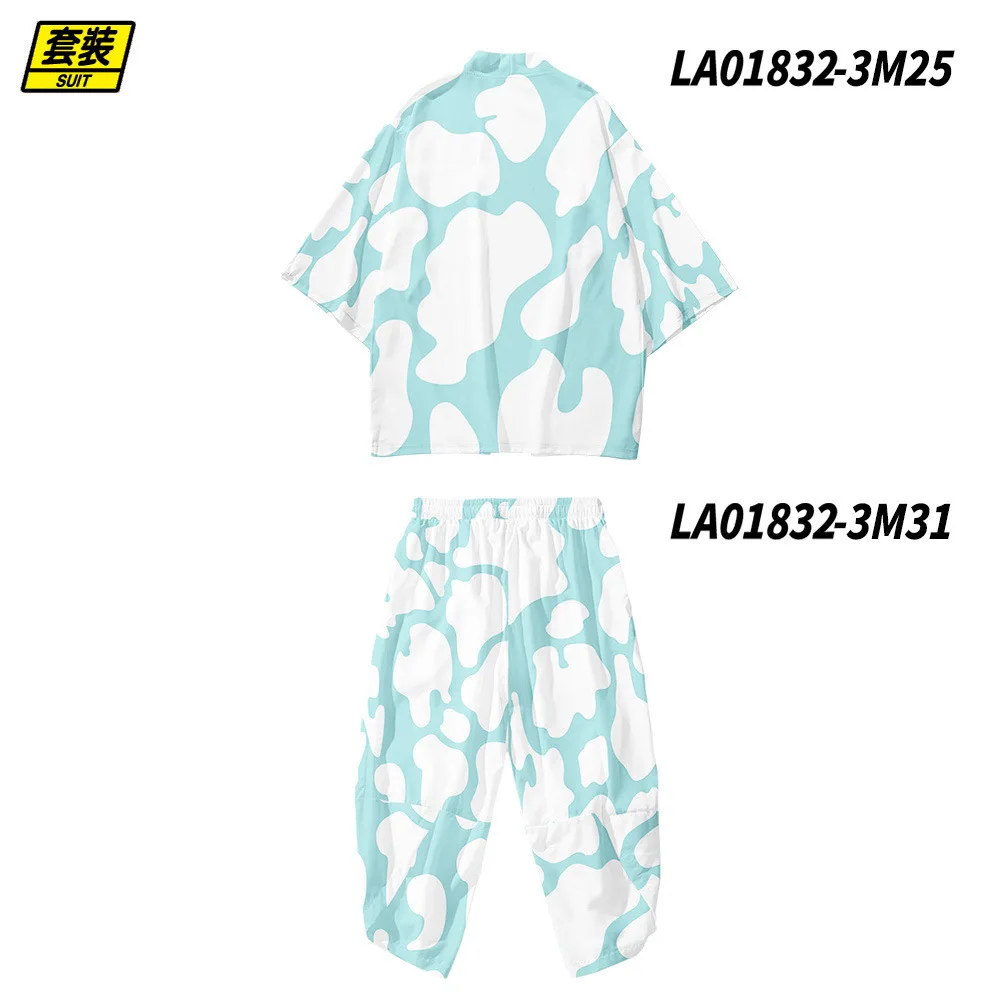 Spring Summer Men Kimono Robe Sets 2PCS Rayon Print Pajamas Casual Loose Tao Robe Shorts Overalls Suit Lingerie Home Clothes