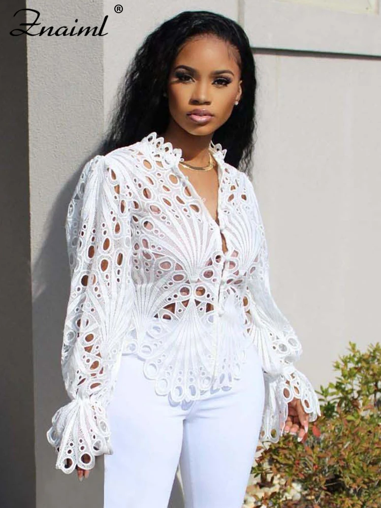 

Znaiml Elegant Office Ladies Petal Sleeve T-Shirt Female Hollow Out Mesh Lace Blouses Girls See Through Top Women Summer Clothes