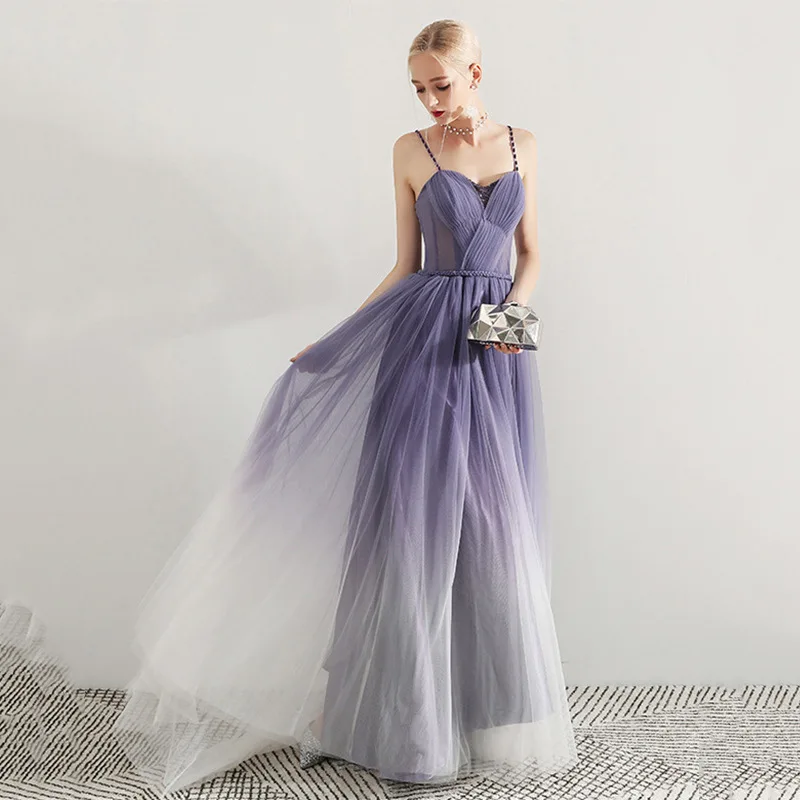 Woman Purple Spaghetti Strap Tulle Evening Dress Fashion A-Line Backless Lace Up Floor-Length Party Formal Dresses