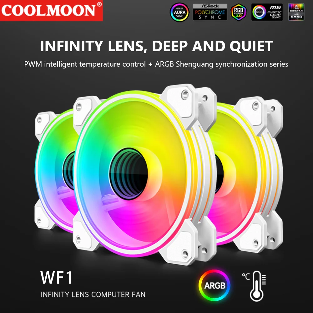 

COOLMOON 12cm Silent 4Pin PWM 5V 3Pin ARGB Aura Sync Case Cooling Fan White