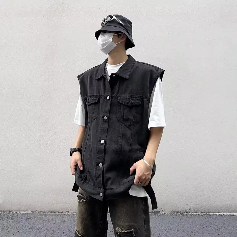 Джинсовый жилет мужской с потертостями модная мотоциклетная ковбойская куртка