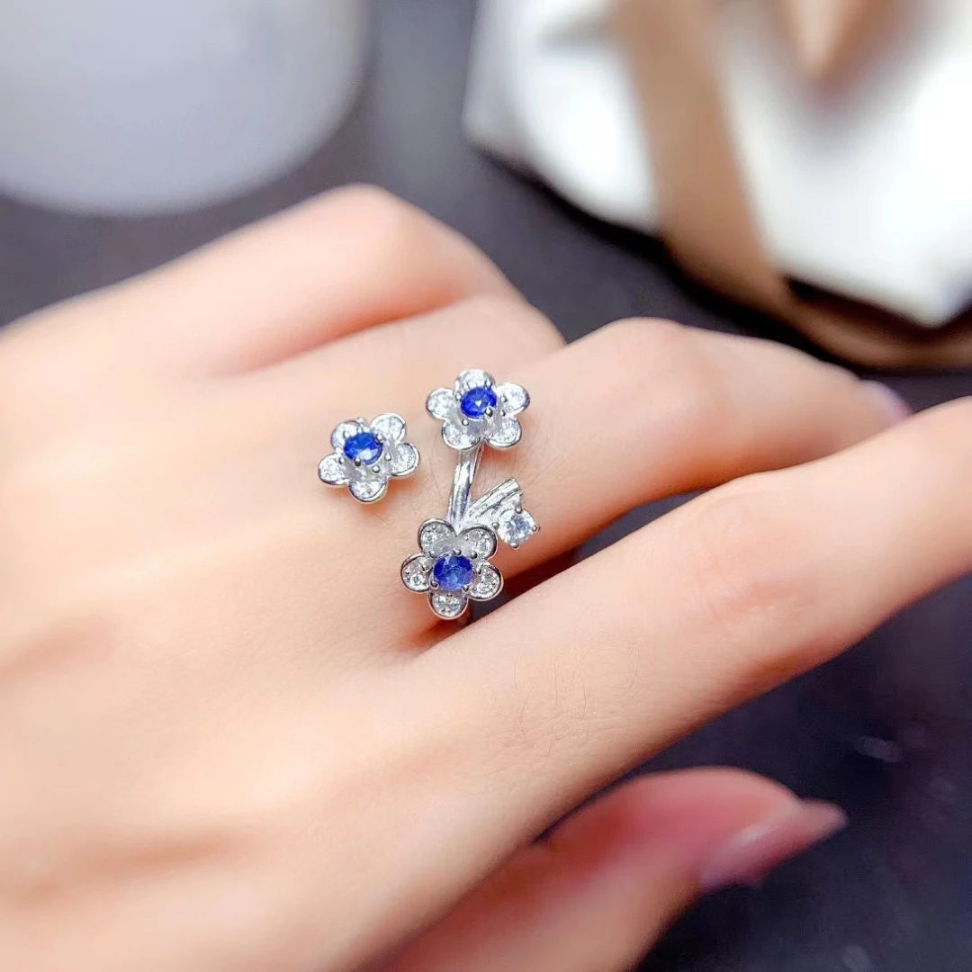 

925 Silver Gemstone Adjustable Ring Total 0.3ct 3mm Natural Sapphire Ring 18K Gold Plating Sapphire Jewelry