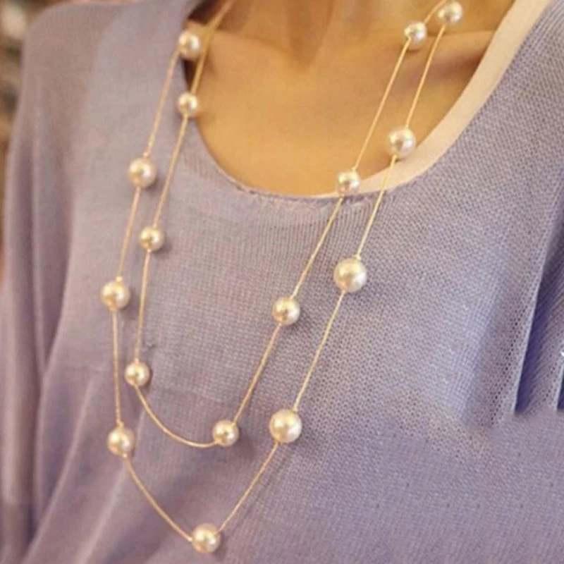 

Simulated Pearls Long Chain Necklace Double Layer Lady Sweater Clavicle Jewelry Party Prom Necklaces Pearl Accessories Ornaments
