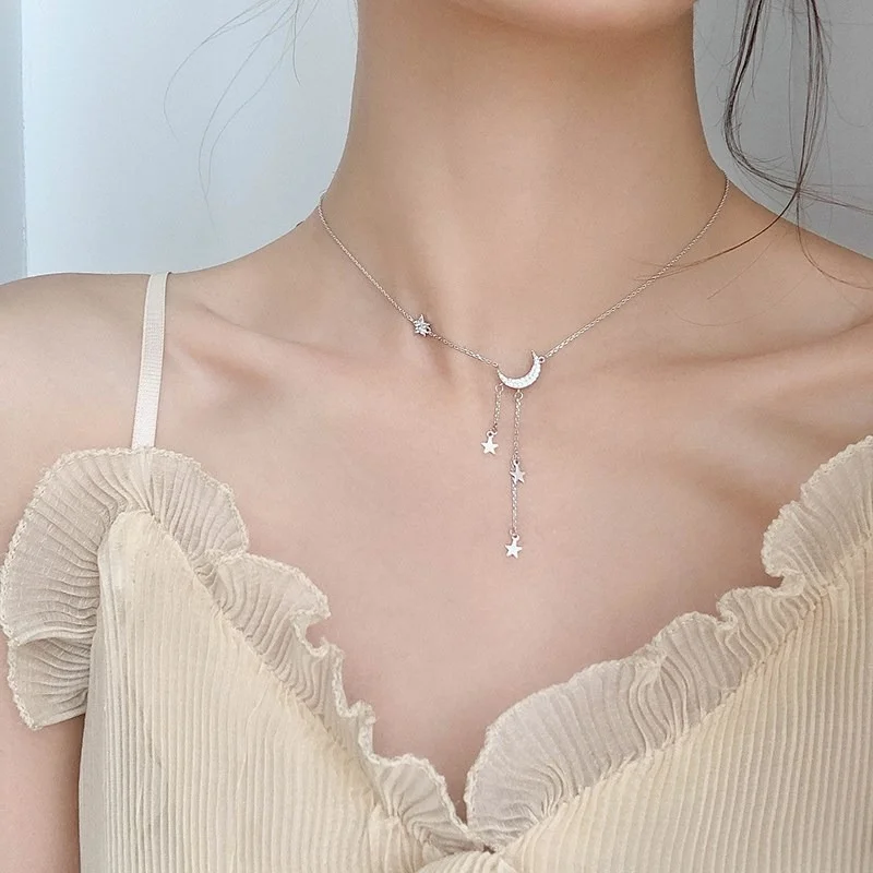

925 Sterling Silver Star Moon Simple Elegant Temperament Tassel Necklaces for Women Choker Collares Wedding Jewelry Necklace