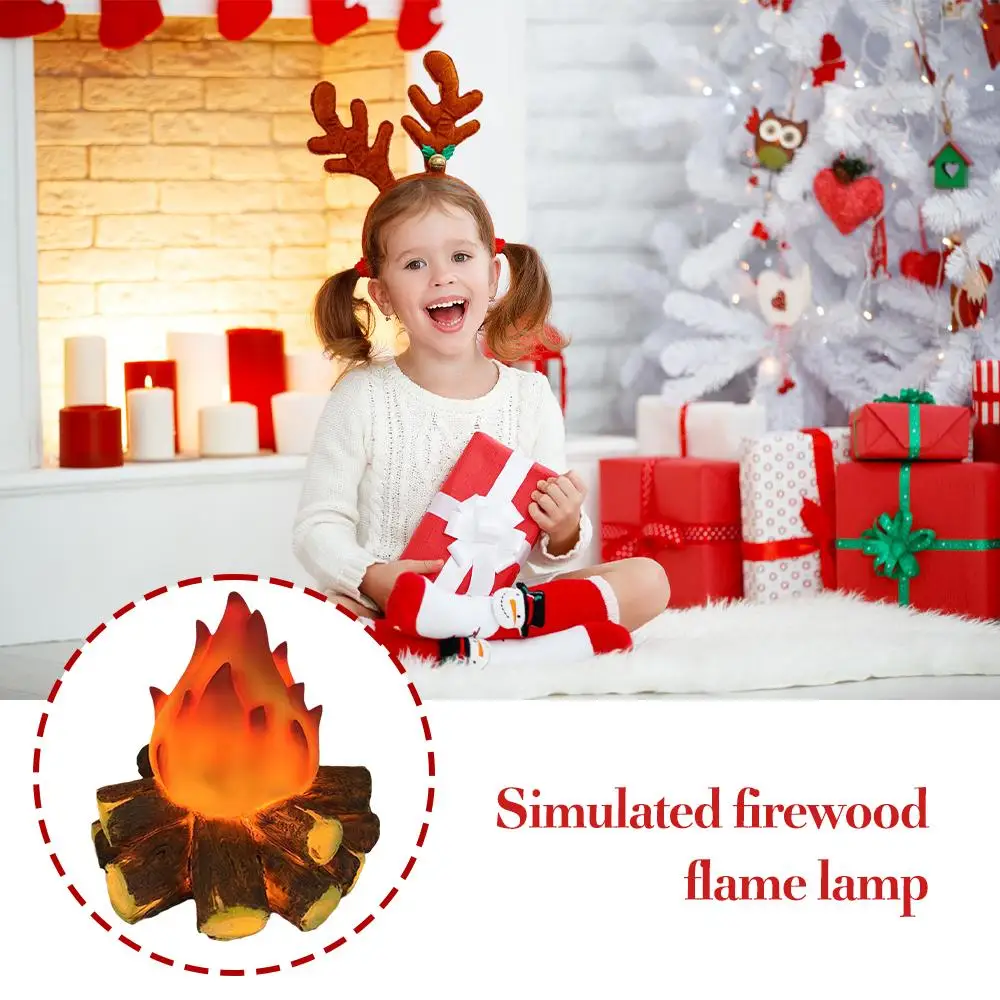 

Имитация дрова, лампа с пламенем, праздничные украшения, маленькие подарки, Женская рождественская сцена, необычный реквизит, ночная лампа O2P8