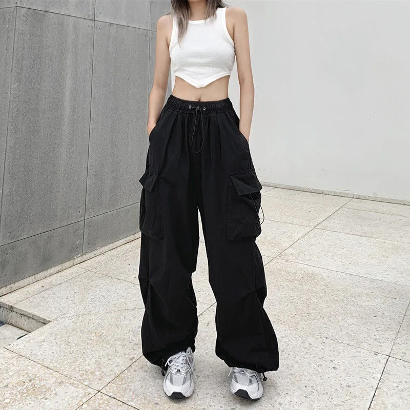 Y2K Women Cargo Pants Vintage Streetwear Baggy Wide Leg Sweatpants Casual Drawstring Pocket Tech Joggers Trousers Men Pantalon