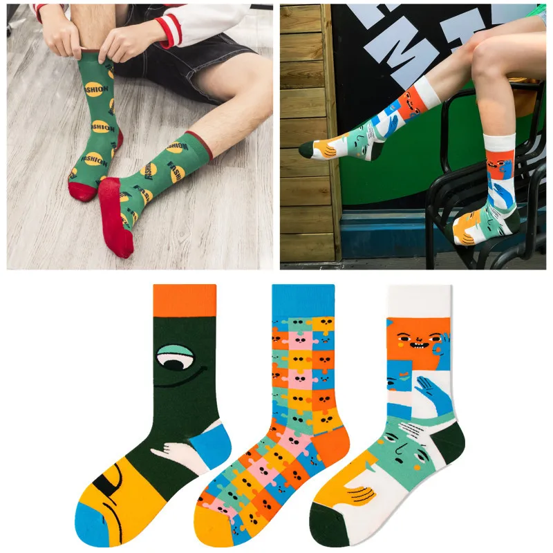 

1pair Combed Cotton Fashion Hip Hop Man woman Socks Happy Harajuku Big Size Skateboard oil painting animal Socks Funny Sokken