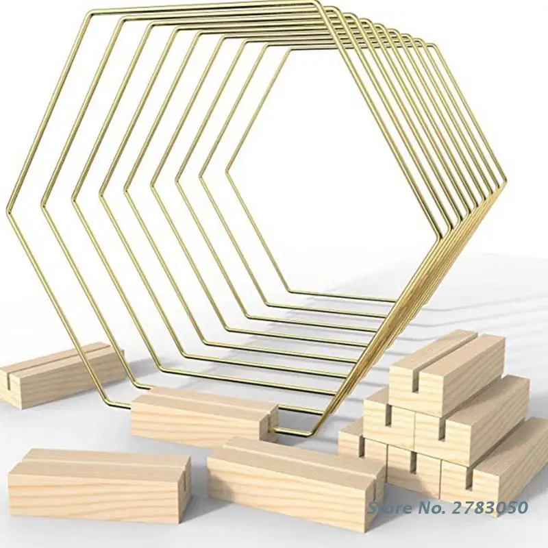 10 PCS Metall Floral Hoop Mittelpunkt Hexagon Kranz Ring mit Holz Basis Platz-kartenhalter für DIY Hochzeit Party Tisch decor
