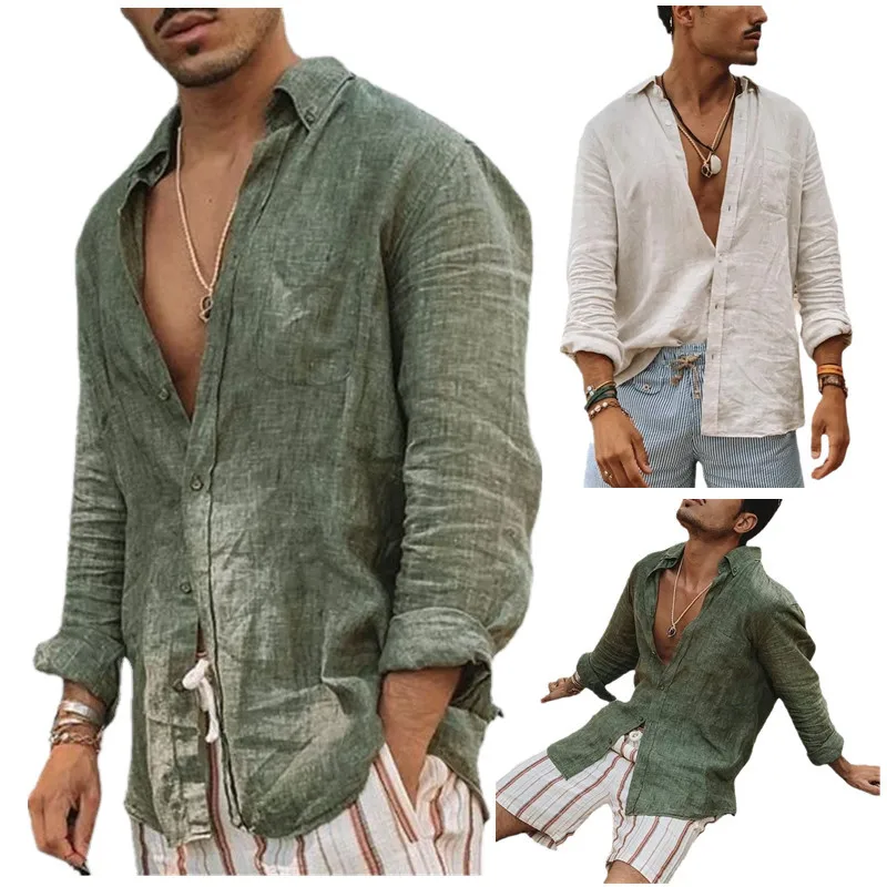 Mattswag Cotton Linen Solid Color Long Sleeve For Men Spring Autumn Fashion Breathable Men's Clothing Casual Loose Camisa Hombre