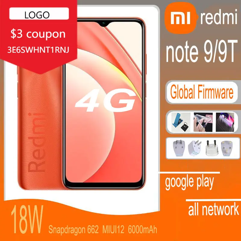 global version celular Smartphone Xiaomi Redmi note 9/9t 4G  4GB 128GB  6000mAh Battery Snapdragon 662