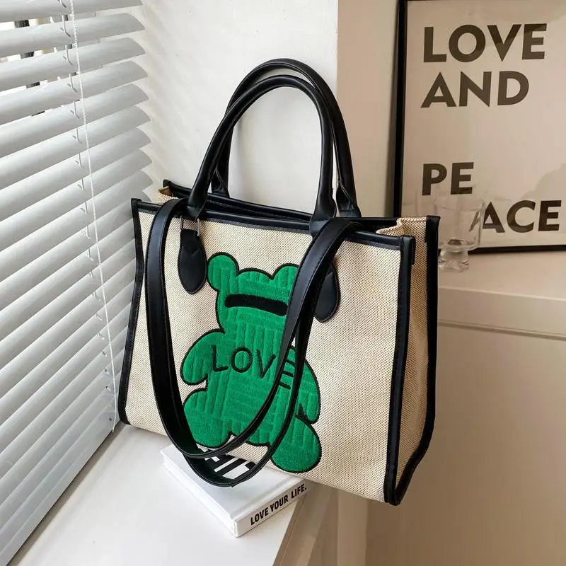 

Весенняя Холщовая Сумка для женщин, вместительный мешок с маленьким медведем и печеньем, дорожный тоут для работы, вышитая Наплечная сумочк...