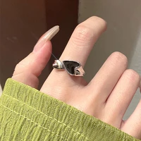 trendy two color black heart rings for women minimalist aesthetic drop of oil open rings female metal punk party jewelry gift