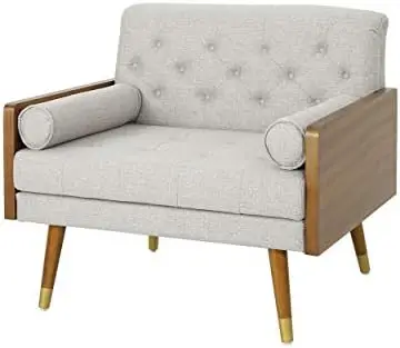 Mid Century Modern Fabric Club Chair, Beige, Dark Walnut 30.5D x 37.75W x 33H in