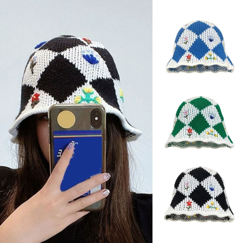 

Crochet Hats Women Plaid Knit Bucket Hat Buffalo Plaid Floral Fisherman Hat Sun
