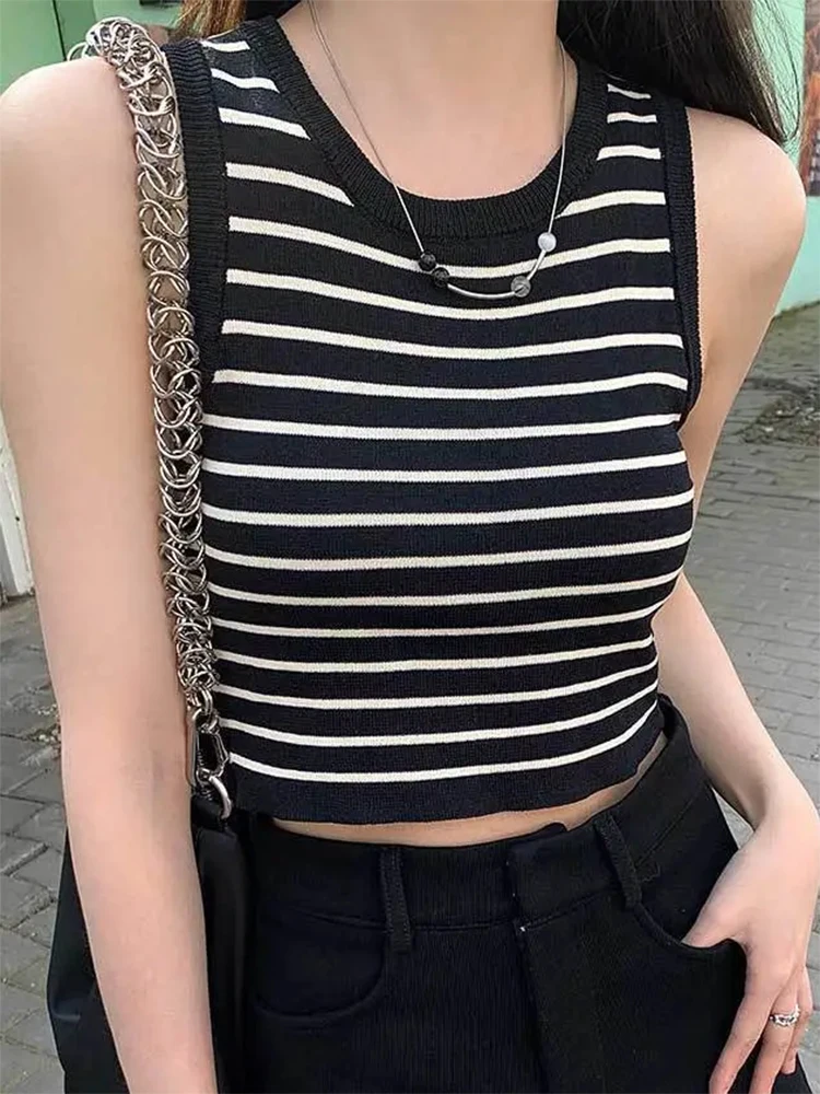

Полосатый трикотажный топ без рукавов, Женский повседневный летний облегающий короткий укороченный топ