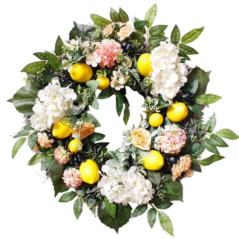 

JFBL Hot Artificial Lemon Hydrangea Wreath With Lemon And Green Leaves,Fake Fruit Wreath For Home Wall And Front Door Decor