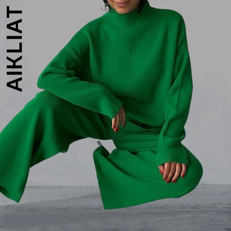 

Aikliat New Women Set Casual Female Long Sleeve Top And Wide Leg Pants Two Piece Set Long Elegant Female Women's Warm Suit