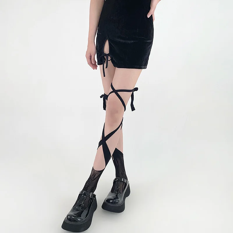 Jk Tie Lace Fishnet Stockings Irregular Split-toe Calf Socks Women's Middle Tube Sock Straps Summer Sexy Long Japanese Socks New