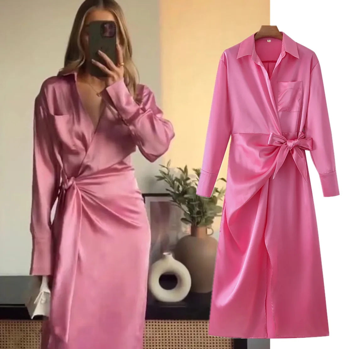 

Дженни и Дэйв 2022 Instagram Модная элегантная длинная рубашка в винтажном стиле с карманами свободного кроя повседневное атласвечерние вечернее...