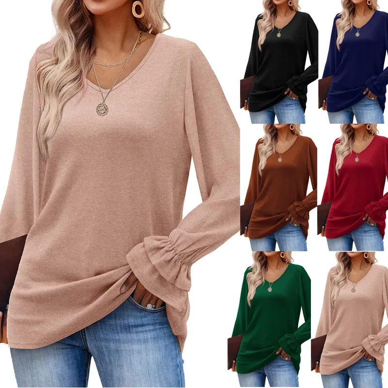 

Autumn and Winter New European and American Trumpet Sleeves Solid Color Loose T-shirt Top V-neck Women's Clothing Wholesale