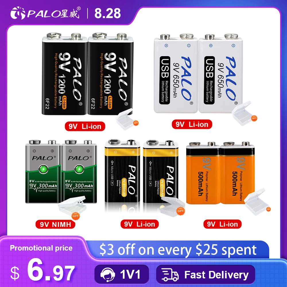 9V Rechargeable Battery Lithium Li-ion 9 Volt 6F22 Ni-MH Ni MH 9V Crown Battery for Multimeter KTV Microphone Metal Detector